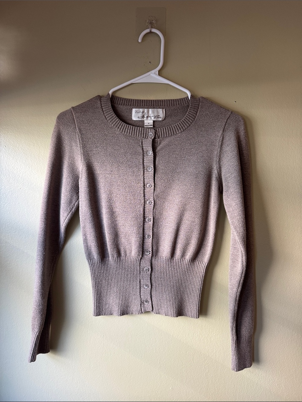 Vintage Havana Taupe Ribbed-Waist Button Cardigan